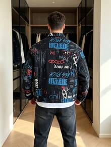 Men's Black Graffiti Print Denim Jacket, Full-Frame Street Art Pattern, Button Front, Flap Pockets, Non-Stretch Hip-Hop Urban Street Style Outerwear - Black - View 2