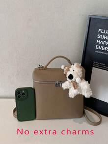 Handbag With Lychee Texture And Silver Metal Hardware Decoration, Dual-Use Hand-Carry And Crossbody, Zipper Closure, Minimalist Commuter Style, Box Handbag, Suitable For Urban Women's Work Commute And Short Trips, Square Structured Shape, Can Store Cosmetics, Phone And Other Personal Items. - Khaki - View 9