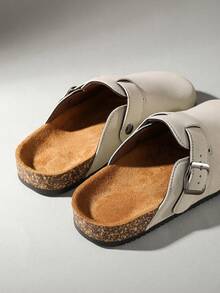 Women's Closed-Toe Mule Slippers, Adjustable Strap Flat Sandals, Slip-On Backless Casual Slides, Round Toe Everyday Shoes - Light Beige - View 7