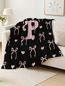 1 Stück anpassbare Anfangsbuchstabe-Decke, rosa Schleife & kleines Herz Allover-Muster, schwarze Plüsch-Fleece-Wohndecke, Schlafzimmer-Dekoration Schal, tolles Geschenk - Verschiedenfarbig - Übersicht 2