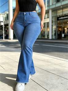 Women's Plus Size High Stretch Denim Flare Pants, With Pockets And Zipper Button Closure, Y2K Daily Wear Style - Blue - View 2