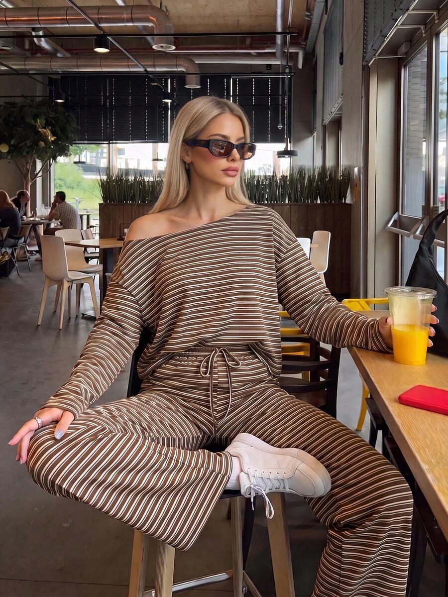Women's Autumn/Winter Casual Commute Style Brown Striped Loose 2 Pieces Set, Outdoor, Sports, Back To School - Brown - View 1