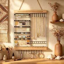 1pc Bohemian Style Luxury Wall-Mounted Jewelry Display Rack, Fixed Wooden & Iron Jewelry Hanger For Earrings, Necklaces, Bracelets, Wall Display Prop - Multicolor - View 3