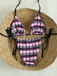 Women's Purple Plaid Halter Triangle Bikini 2 Pieces Set, High Cut Design, Suitable For Summer Beach And Pool Vacation - Multicolor - View 3