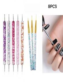 8Pcs Nail Art Tools Kit, Nail Dotting Pens And Fine Liner Brushes, Glitter Handle Design For Nail Pattern Drawing - Multicolor - View 1