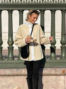 Women's Autumn/Winter Textured Wool-Like Comfortable Warm Funnel Neck Jacket, Long Sleeve Regular Fit Woven Patchwork Contrast Outerwear, Casual Minimalist Daily Wear - Apricot - View 6