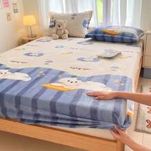 1pc Cartoon Print Flannel Fitted Sheet, Soft & Comfortable, Skin-Friendly & Breathable, Fashionable & Fresh Bedding, Mattress Protector, Suitable For Hotel, Bedroom, Guest Room, Student Dorm, All Seasons - Baby Blue - View 1