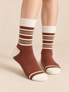 4 Pairs Women's Autumn/Winter Vintage Brown Tone Mid-Calf Socks, Striped Bowknot Colorblock Design, Casual Versatile Ribbed Socks - Multicolor - View 7