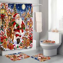 1pc/4pcs Gingerbread Town Santa Claus Pattern Multi-Functional Bathroom Decor Shower Curtain Set, Free 12 Hooks, Premium Holiday Atmosphere, Bathroom Mat, U-Shaped Bath Mat And Round Toilet Lid Cover, Suitable For All Occasions, Bathroom Set - Gingerbread Town Santa Claus - View 9