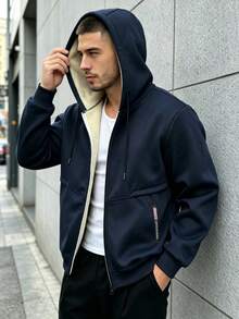 1件男士保暖內裡加厚連帽羊羔絨休閒外套，厚實保暖，適合秋冬戶外活動與日常通勤上衣 - 藏蓝色 - 查看 1