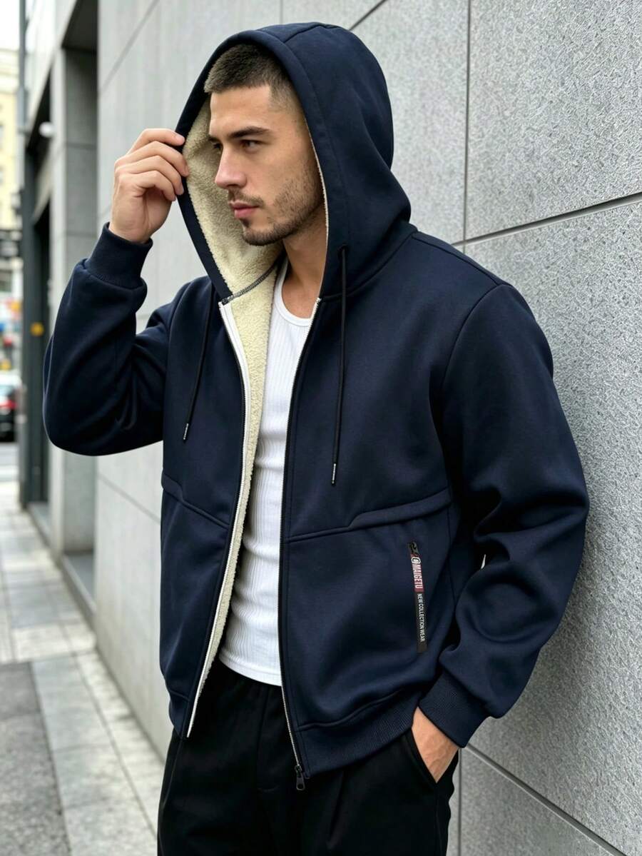 1件男士保暖內裡加厚連帽羊羔絨休閒外套,厚實保暖,適合秋冬戶外活動與日常通勤上衣 - 藏蓝色 - 查看 1