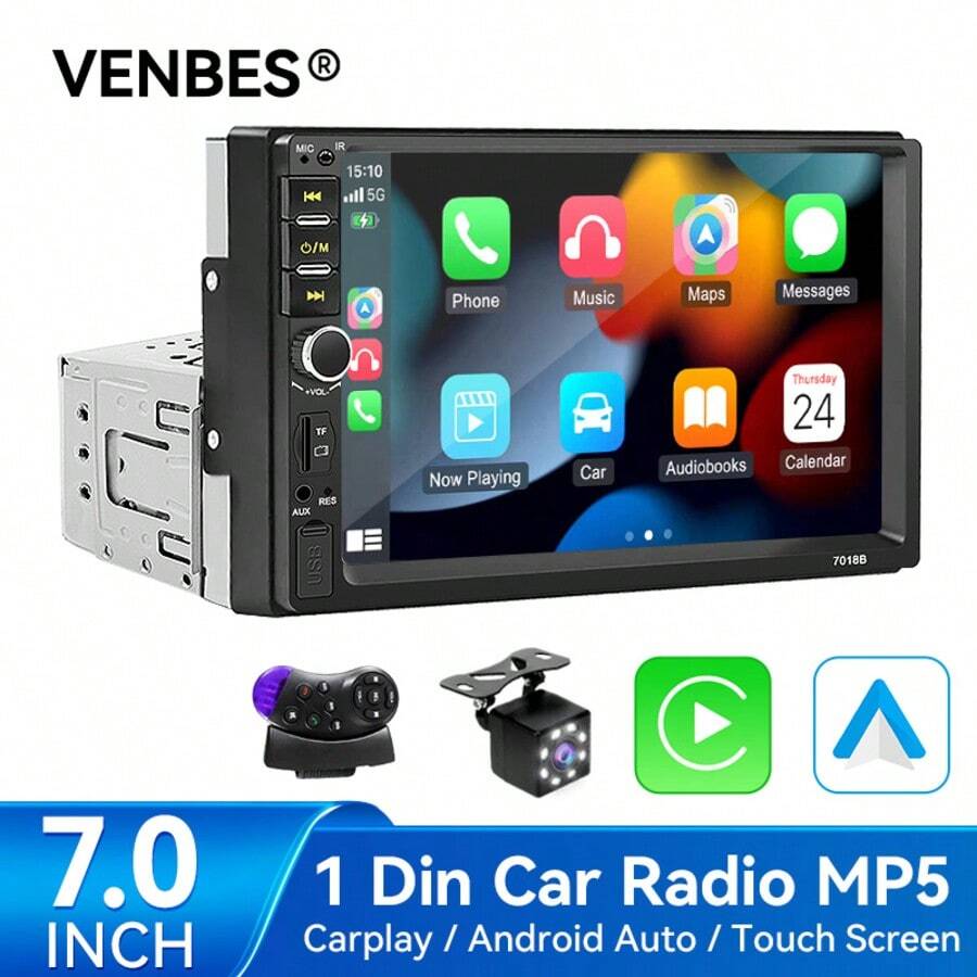 VENBES 7 Inch Single DIN Car Radio, Supports Apple CarPlay, High Definition Touchscreen, Bluetooth Mirror-Link Car Audio, AM/FM, USB, EQ, SWC, Optional 8-LED Rear View Camera