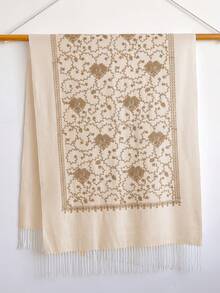 1件女款秋冬仿羊絨刺繡圍巾，加厚保暖披肩斗篷，附流蘇，波希米亞風旅行披肩 - 米色 - 查看 2