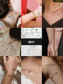 6PCS English Floral Bird Diamond Planet Cat Pattern Party Gift Holiday Gift Music Festival Temporary Body Skin Waterproof Tattoo Stickers For Hands Shoulders Neck Collarbone - Multicolor - View 2