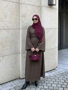 1pc Set (Excluding Headscarf) Elegant Drawstring Fashion Abaya Modest Long Dress, Skin-Friendly Comfortable For Party, Wedding, Ramadan - Brown - View 2