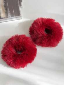 2pcs Set Basic Minimalist Autumn/Winter Preppy Style Commute Faux Fur Scrunchies Hair Accessories - Royal Blue - View 21