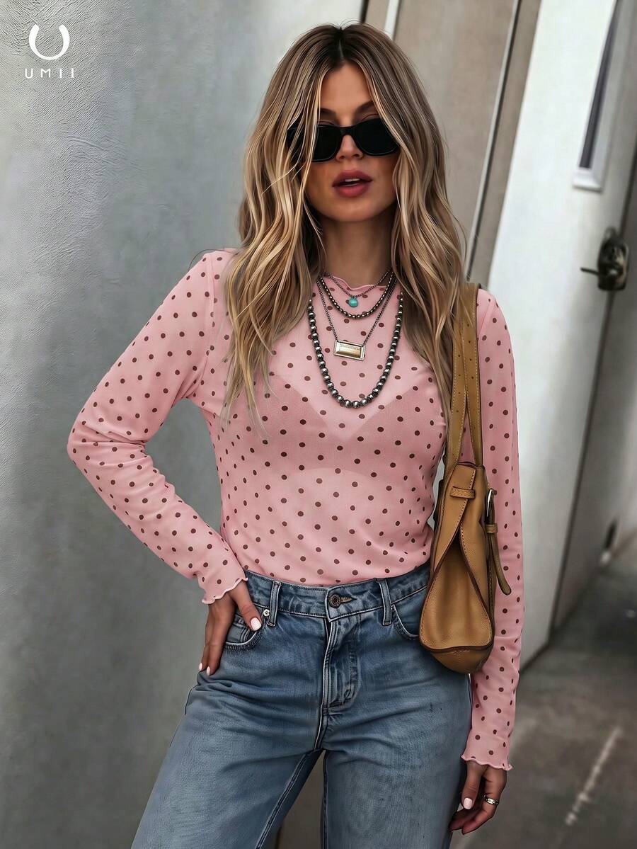 Pink Polka Dot Sheer Mesh Long Sleeve Top, Ruffle Round Neck Fitted Blouse, French Style Layering Blouse, Casual Summer Date Night Top