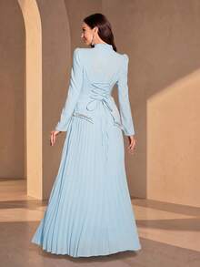 Women's Solid Color Mandarin Collar Asymmetrical Rhinestone Cuff Ruched Maxi Dress, Soft Fabric Birthday Party Dress Wedding Spring Fall - Baby Blue - View 2