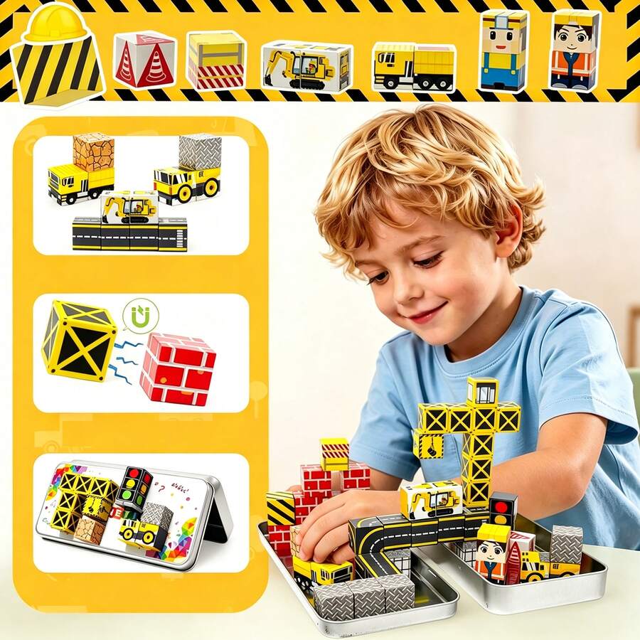 35pcs Magnetic Building Blocks Toy, Car Scene Sensory Educational Toy, Suitable For Children 3 Years And Above, Great Birthday And Back To School Gift, Random Color/Style - Multicolor - View 1
