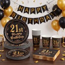 10/20/40/50/60/80件 21歲生日派對一次性餐具套裝，黑金煙火禮物氣球印花 7英吋與9英吋紙盤、杯子、餐巾紙，派對桌面裝飾 21歲里程碑慶祝，成人生日宴會 - 黑色21歲 - 查看 8