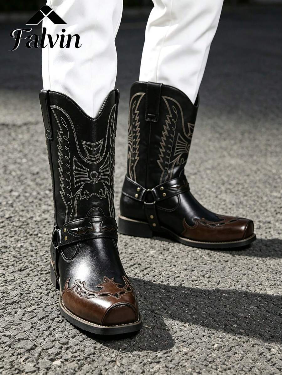 Men's Western Cowboy Boots, High-Top Leather Riding Boots, Black & Brown Retro Contrast Color Bird Embroidery Mid-Calf Boots, Square Toe Chunky Heel, Rivet Lace-Up Decor, Suitable For Streetwear, Party, Daily Western Style Looks, Durable And Comfortable For Daily Outings And Outdoor Use All Season, Fashionable Versatile Boots - Black - View 1
