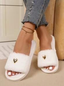 Premium Fashion Heart Decor Plush Slippers For Women, Soft & Comfortable Soft-Sole Lightweight, Suitable For Living Room & Bedroom, All Season - White - View 7