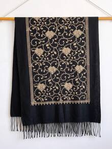 1件女款秋冬仿羊絨刺繡圍巾，加厚保暖流蘇刺繡波希米亞風旅行披肩斗篷 - 黑色 - 查看 2