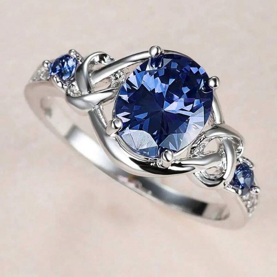 Gmzalx Women's Vintage Hollow Interwoven Design Ring, Inlaid With Blue Synthetic Zirconia, Elegant And Luxurious Finger Ring, Suitable For Daily Commute And Dating - Silver - View 1