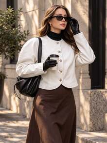Fall Vintage Round Neck Star Gold Button Cropped Jacket, Elegant White Crop Coat, Versatile Outerwear For Fall Winter - Apricot - View 2