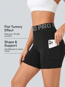Letter Print Waistband Sports Shorts, Side Pockets High Elastic Tummy Control Fitness Workout Cycling Shorts - Black - View 1