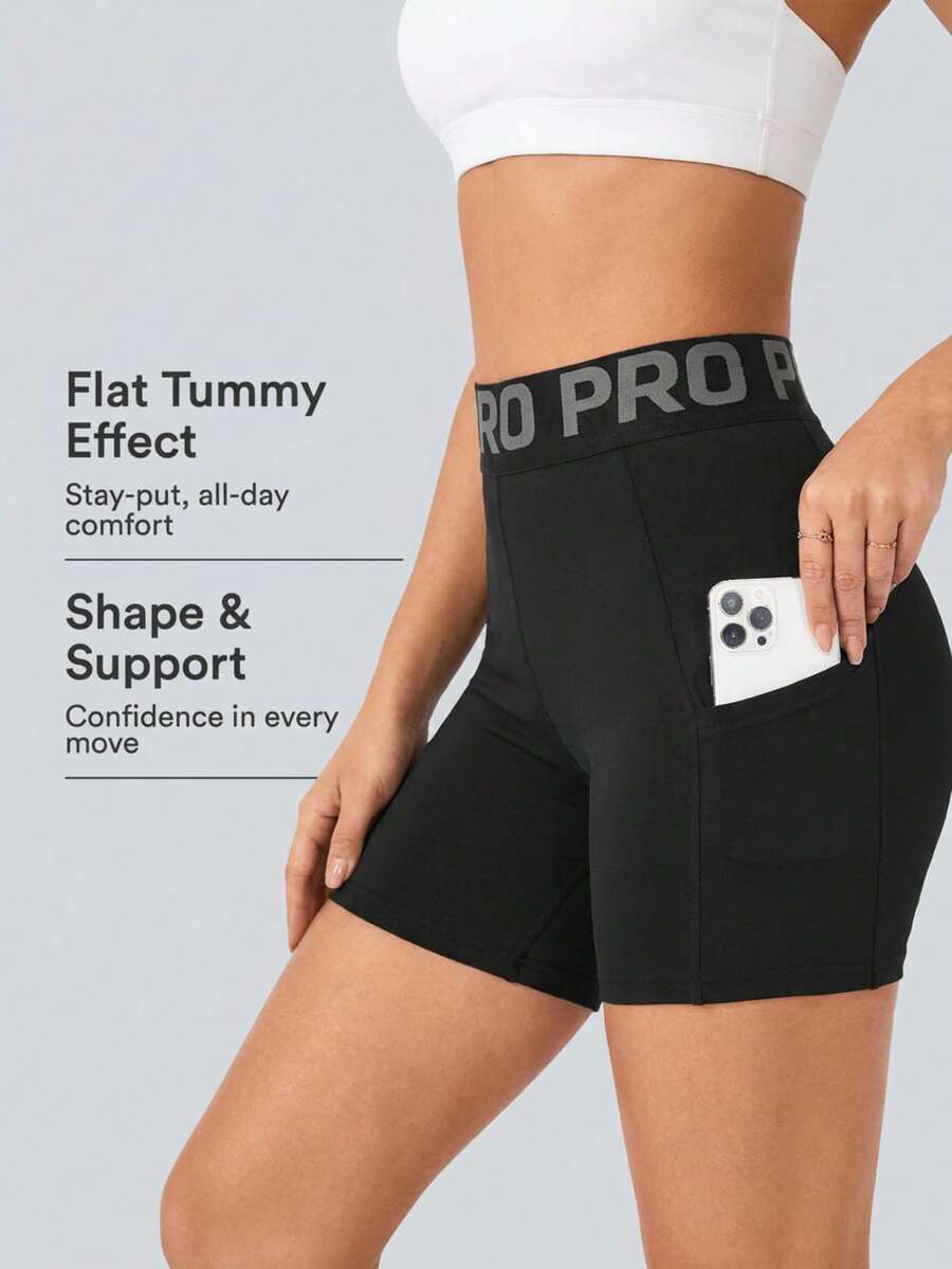 Letter Print Waistband Sports Shorts, Side Pockets High Elastic Tummy Control Fitness Workout Cycling Shorts - Black - View 1
