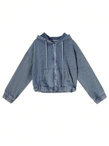 Jaket Denim Pendek Berkerudung Kasual Longgar dengan Resleting Ganda untuk Wanita, Gaya Hong Kong Serbaguna untuk Musim Semi - Medium Wash - View 5