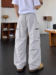 1pc Men's American Casual Sports Style Multi-Pocket Single Zipper Drawstring Loose Fit Casual Long Pants - Grey - View 2