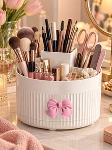 Desktop 360 Degree Rotating Multifunctional Storage Box With Bow Decoration, Pen Holder For Cosmetics, Makeup Brushes, Eyebrow Pencils, Desk Organizer With 5 Compartments - Multi-Functional Pencil, Marker, Scissors And Stationery Storage Rack, Suitable For Office, Vanity, Dorm, Classroom, Christmas Gift, Birthday Gift, Holiday Essential, Home - Multicolor - View 4