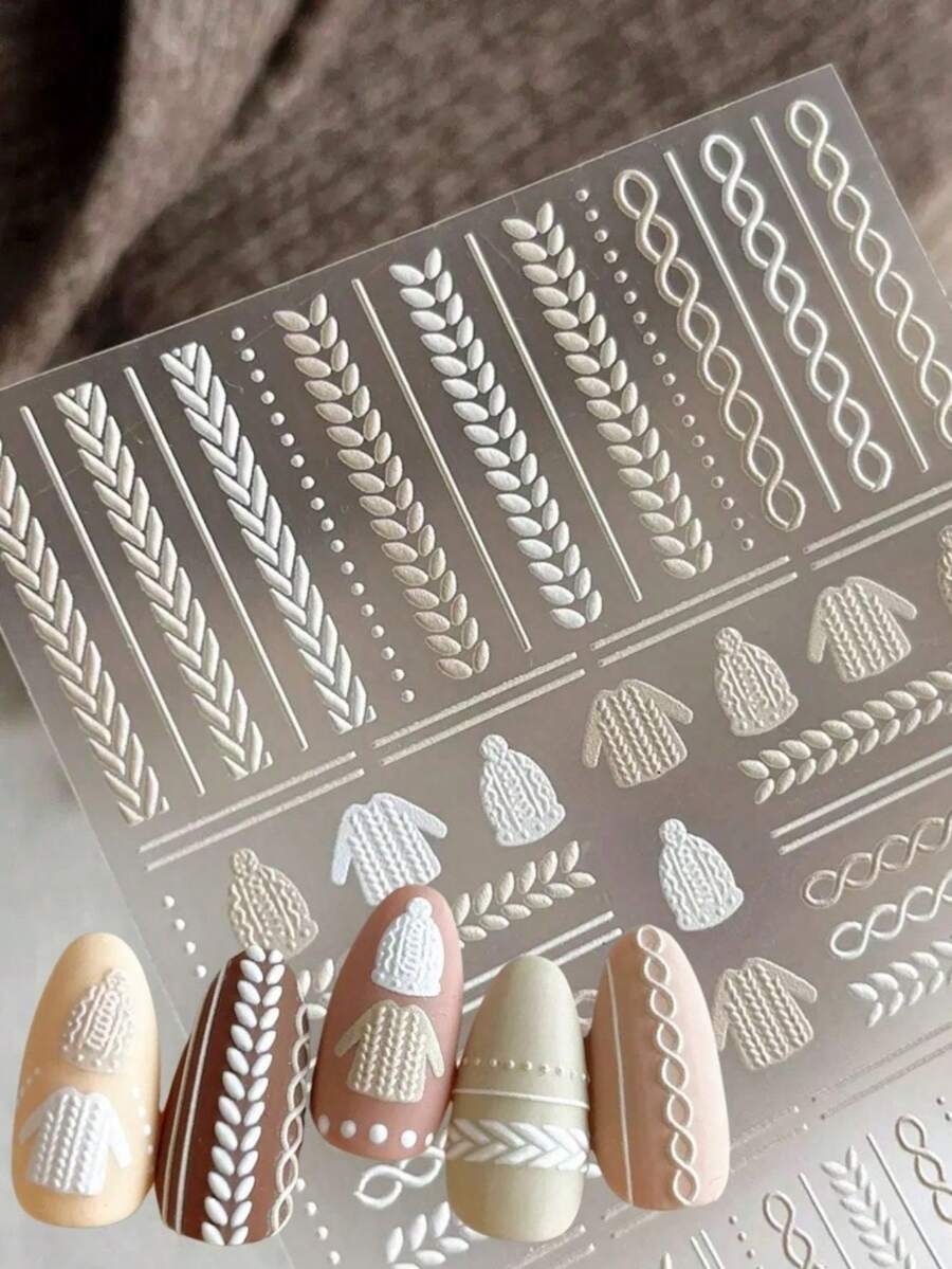 1pc Fall, Autumn, Fall Nails Embossed Knitted Bow Heart Plaid Nail Stickers With Adhesive Backing, DIY Nail Art Accessories - Multicolor - View 1