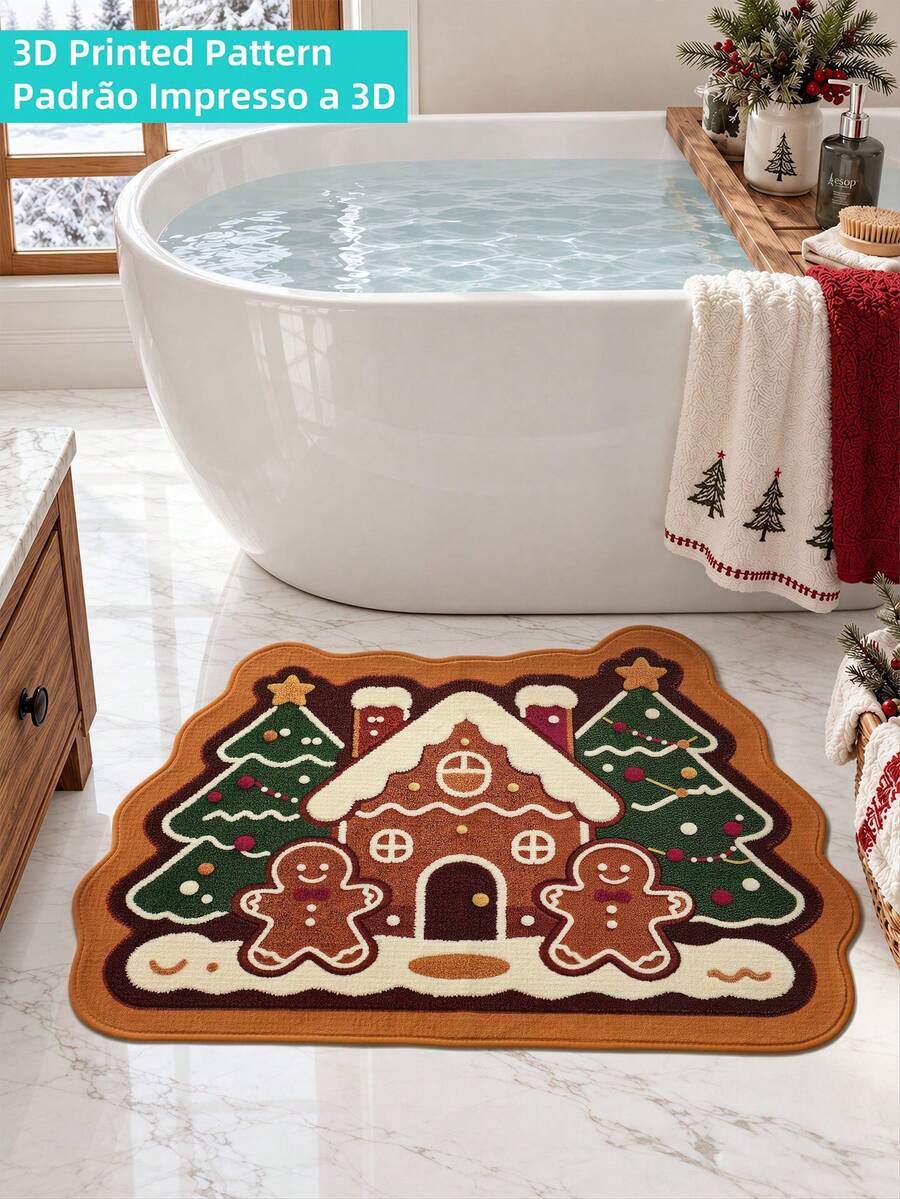 1pc Christmas Gingerbread Man Vintage Bathroom Mat Rug, TPR Non-Slip Backing, Suitable For Kitchen, Outdoor, Indoor Hallway, Bedroom, Living Room Bedside, Machine Washable And Easy To Clean, Autumn Winter Home Decor Rug
