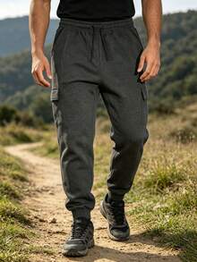 1pc Men's Grey Cargo Joggers, Multi-Flap Pocket Design, Soft Drawstring Hem Sports Pants, Casual Outdoor Daily Long Pants - Grey - View 1