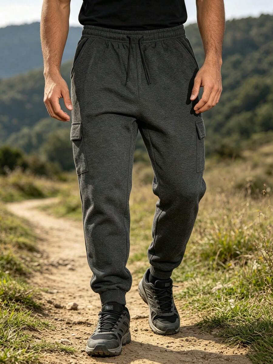 1pc Men's Grey Cargo Joggers, Multi-Flap Pocket Design, Soft Drawstring Hem Sports Pants, Casual Outdoor Daily Long Pants - Grey - View 1
