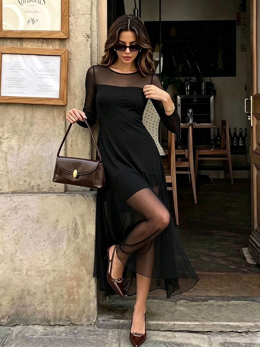 فستان نسائي من الشبك بتصميم مرقع للخريف/الشتاء، هالوين - الأسود - مشاهدة 1