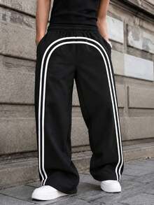 1pc Boys' Simple Preppy Striped Straight Leg Wide Leg Loose Thickened Casual Long Pants - Black - View 10