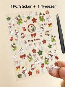 1pc Christmas Atmosphere Face Decoration Sticker Set With Tweezers, Self-Adhesive, Cartoon Snowman, Christmas Sock, Bell, Star, Gift Box Multi-Element Patterns, Suitable For Christmas Party, Portrait Photography, Stage Makeup Face Decoration - Multicolor - View 7