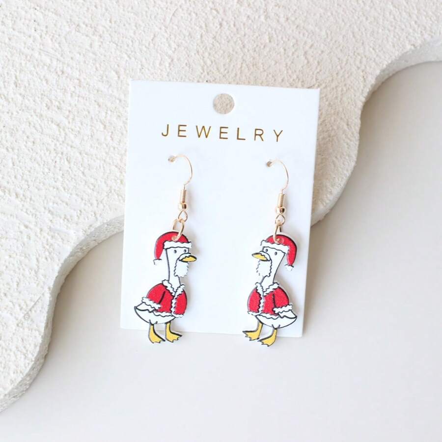 1 par de pendientes colgantes para mujer de pato blanco divertido con gorro navideño, acrílico con textura de arcilla, lindos y elegantes, adecuados para uso diario, fiesta, vacaciones, regalo, regalo navideño - Y1427 - Ver 1