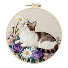 2D Flat Punch Needle Embroidery Kit For Beginners - Complete Embroidery Starter Set Including Tools And Instructions, DIY Punch Needle Embroidery Kit, Cat And Flower, Sleeping Cat, Cat Holding Flower, Cat Looking Up Embroidery Needle Beginner Handmade Kit Easy To Make Adult Holiday Gift And Decoration, Bamboo Frame Style Random - A - View 5