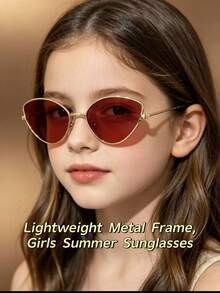 1 Pair Vintage Cat Eye Red Lens Kids Fashion Glasses, Thin Gold Frame Lightweight Metal Frame, Girls Summer Photo Sun Protection Shades - Multicolor - View 5