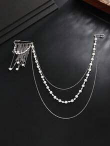 1pc Creative Minimalist Metal Tassel Brooch, Multi-Layer Faux Pearl Beaded Chain, For Suit, Pants Decoration, Versatile Brooch Personalized Jewelry - Silver - View 4