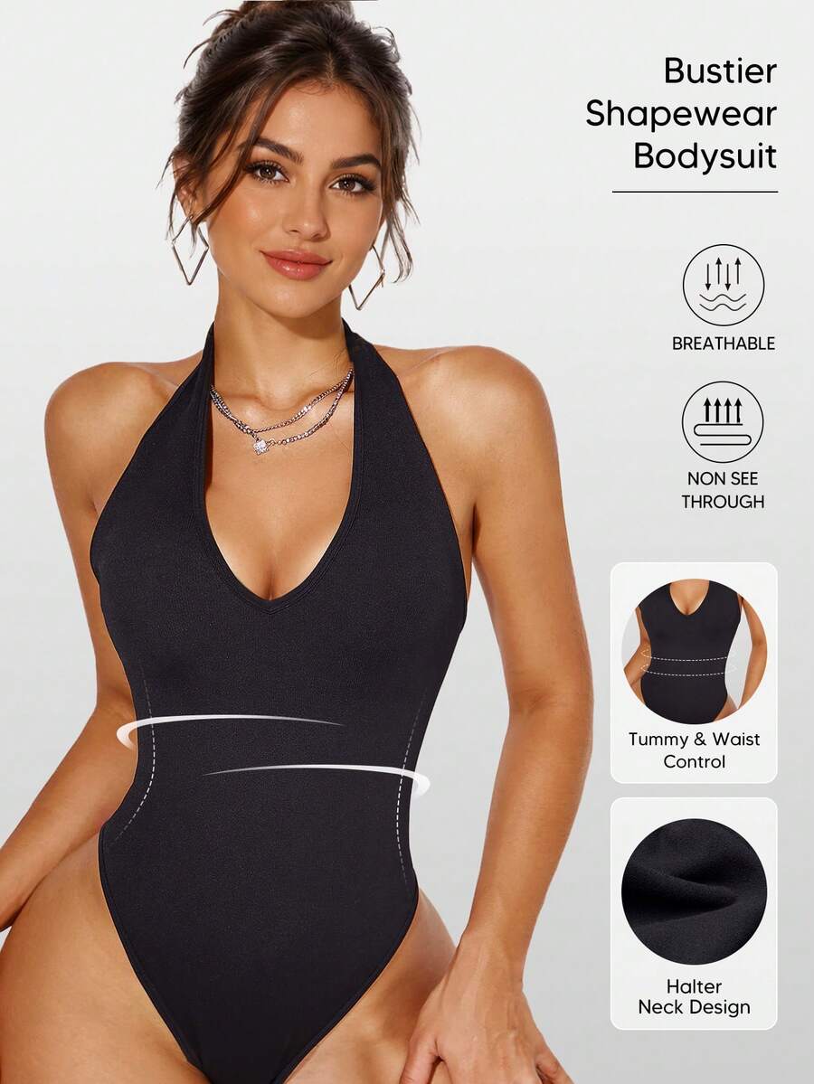 Women's Sexy Deep V-Neck Backless Halter One-Piece Swimsuit, Summer