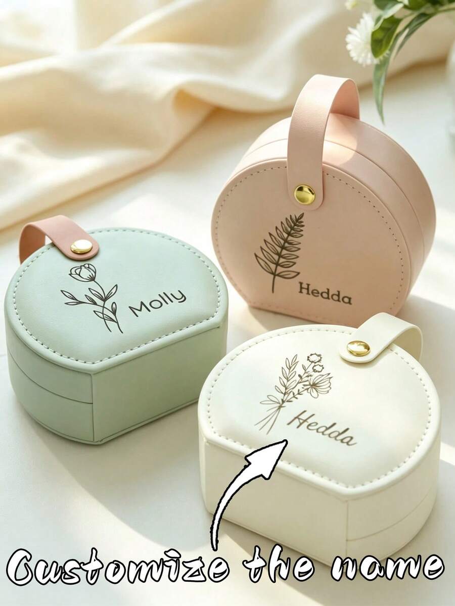 1pc Customized Small Jewelry Box, Personalized Engraved Name And Birthday Flower Travel Jewelry Box, Faux Leather Portable Ring & Earring Storage Box, Mini Jewelry Organizer, Ideal Gift For Women, Travel Jewelry Storage Box - Multicolor - View 1