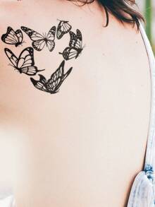 1pc Black INS Style Butterfly & Heart Pattern Temporary Tattoo Sticker, Waterproof Body Skin Tattoo For Party, Holiday, Music Festival, Arm, Shoulder, Neck, Collarbone, Back - Black - View 4