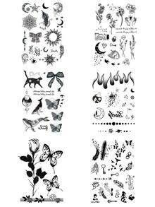 6PCS Black Butterfly Rose Floral Cat Diamond Pattern Party Gift Holiday Gift Music Festival Temporary Body Skin Waterproof Tattoo Stickers For Arm Shoulder Neck Collarbone - Black - View 2