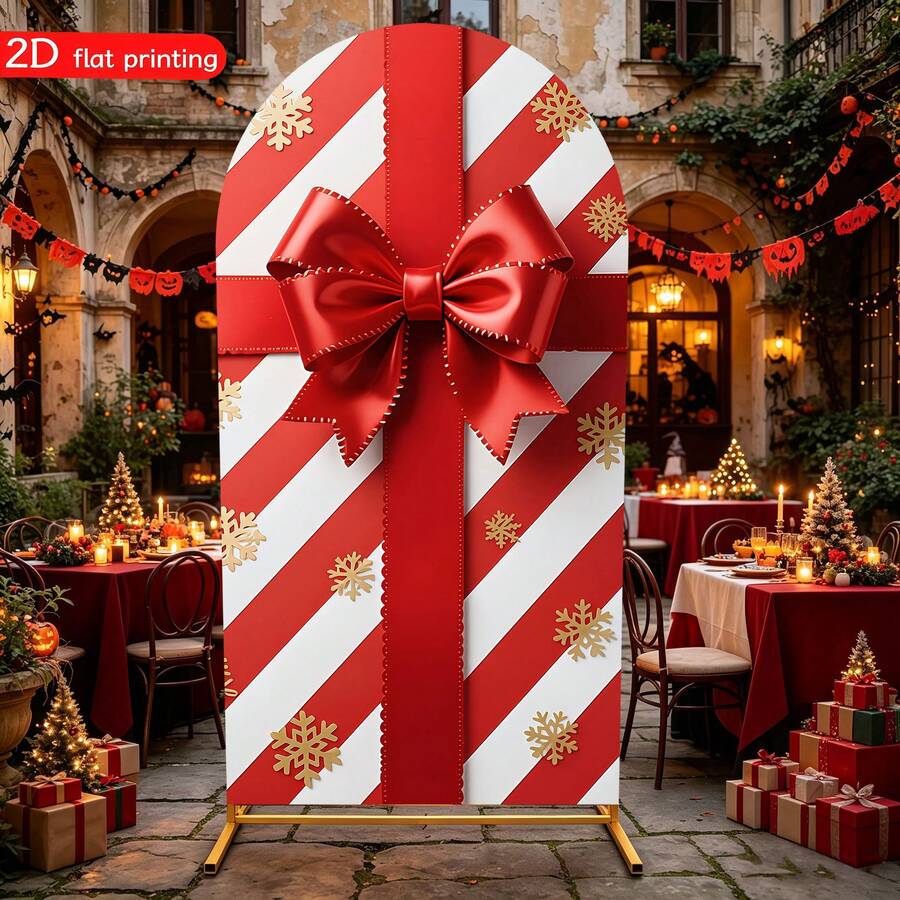 2D Flat Printed Christmas Arch Backdrop Cover, Red & White Striped Gift Box, Large Bow & Snowflake Pattern Elastic Curved Background Cloth, Christmas Party Photo Booth Decoration